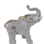 PMJC Company White Ceramic Elephant Statue Figurine with Hand Painted Flower Pattern, 5″