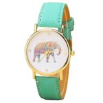 Women’s Big Colorful Elephant Print Gold Dial Leather Quartz Ladies Watch Mint Green