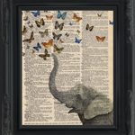 Dictionary Art Print – Whimsical Elephant and Butterflies – Printed on Recycled Vintage Dictionary Paper – 8.5″x11″ – Mixed Media Poster on Vintage Dictionary Page