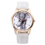 Top Plaza Black and White Sketch Elephant Dial Arabic Numerals Scale Rose Gold Case Leather Band Analog Quartz Wrist Watch-White