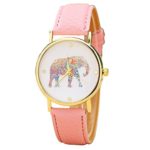 Vavna Women’s Big Colorful Elephant Print Gold Dial Leather Quartz Ladies Watch Pink