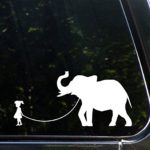 Pet Elephant – Girl Walking Elephant – Vinyl Car Decal Sticker YYDC (8.5″w x 4″h) (Face Left, WHITE)