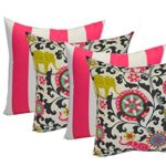 Set of 4 – Indoor 20″ Square Decorative Throw / Toss Pillows – 2 Preppy Pink and White Stripe and 2 Pink, Black, Green Bohemian Elephant