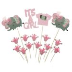 Shxstore Pink Elephant Cake Topper Princess Crown Cupcake Picks For It Is A Girl Baby Shower Birthday Party Supplies, 16 Counts