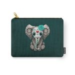 Society6 Teal Blue Day Of The Dead Sugar Skull Baby Elephant Carry-All Pouch Small (6″ x 5″)