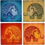 Planet Ethnic Colorful Modern Elephant Designer Ceramic Coaster Set (4 coasters, each almost 4 X 4 inches) with matching wooden coaster holder.