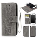 iPhone 7 Case, iPhone 7 Wallet Case Premium Oil Wax Cover Embossed Elephant PU Leather Magnetic Removable Flip Cover Card Holders Hand Strap for iPhone 7 4.7 inch Gray