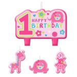 One Wild Girl 1st Birthday Party Molded Cake Candle Set Decoration, Pink, Wax, Pack of 4