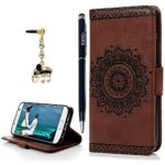 Galaxy S7 Case,YOKIRIN PU Leather Dream Catcher 3D Relief Totem Embossed Folio Flip Full Protective Cover with Credit Card Holder Kickstand Magnetic Closure and Cute Diamond Elephant Dust Plug,Brown
