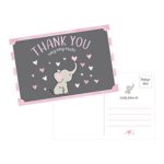 50 4×6 Elephant Girl Baby Shower Thank You Postcards Bulk, Beautiful Pink Modern Cute Boho Blank Thanks Note Card Stationery Appreciation Set