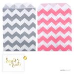 Andaz Press Party Favor Bags with Gold Sweets & Treats Party Sign, 5×7-inch, Gray Chevron and Pink Chevron, 48-Pack, Girl Elephant Baby Shower Treats