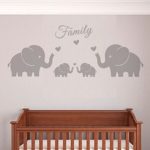 Four Elephants Family Wall Decal Love Hearts Family Words Baby Twins Vinyl Wall Decal Sticker For Baby Nursery Room Decor (Small 36”x14”, Grey)
