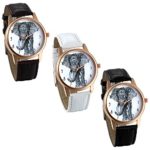 JewelryWe 3 PACK Wholesale Elephant Sketch Dial Easy Reader Leather Band Analog Quartz Wrist Watches