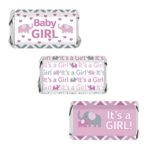 Pink and Gray Elephant Baby Girl Shower Miniatures Candy Bar Wrapper Stickers (Set of 54)