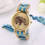 Women Elephant Pattern Weaved Rope Band,Ninasill Bracelet Quartz Dial Wrist Watch Yellow+Blue