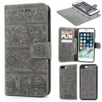 iPhone 7 Plus Case, Premium PU Leather Wallet Case Oil Wax Elephant Pattern with Detachable Magnetic Card Holder ID Slot Shockproof Cover for iPhone 7 Plus Gray