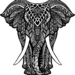 Black and White Tribal Pattern Elephant Drawing Vinyl Decal Sticker (4″ Tall)