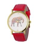 Sumilulu New Women Elephant Printing Pattern Weaved PU Leather Quartz Dial Watch Red