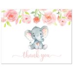 50 Pink Watercolor Floral Elephant Baby Shower Thank You Cards + Envelopes