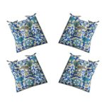 Set of 4 – Indoor / Outdoor Sapphire Blue, Turquoise, Green, Gray Bohemian Elephant Universal Tufted Seat Cushions with Ties for Dining Patio Chairs – Choose Size (22″w x 21″d)