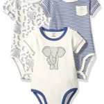 Touched by Nature Baby Organic Cotton Bodysuit 3-Pack, Elephant, 6-9 Months