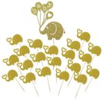 Shxstore Gold Baby Elephant Cake Topper Small Elephant Cupcake Picks For Baby Shower Birthday Theme Party Decorations Supplies, 21 Counts