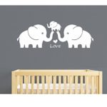 Three Cute Elephants Family Wall Decal Love Hearts Family Words Baby Elephant Vinyl Wall Decal Sticker For Baby Nursery Room Decor (Large 48″x16″ inch, White)