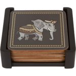Planet Ethnic Asian Elephant Designer Wooden MDF Cork Coaster Set (6 coasters, each almost 4 X 4 inches) with matching wooden coaster holder