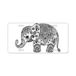 CafePress – Black Floral Paisley Elephant Illustration – Aluminum License Plate, Front License Plate, Vanity Tag