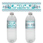 Teal Blue and Gray Elephant Boy Baby Shower Water Bottle Sticker Labels (Set of 20)