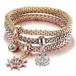 YABINA Stretch Bracelets I’s 3PCS Gold/Silver/Rose Gold Corn Chain Crystal Charms Multilayer Bracelets for Women