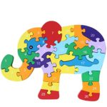 Kennedy Children 26 English Alphabet Cognitive Puzzle Block Toy Puzzle Wooden Dinosaur Elephant Steamship Educational Toy(Elephant)
