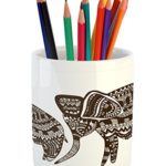 Ethnic Pencil Pen Holder by Lunarable, Tribal Ornamental Elephant Sacred Animal African Traditional Culture Motif, Printed Ceramic Pencil Pen Holder for Desk Office Accessory, Brown and White