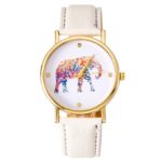 Women’s Big Colorful Elephant Print Gold Dial Leather Quartz Ladies Watch White