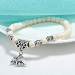 White Turquoise 6MM Beads Tibet Silver Charm Elephant Pendant Elastic Bracelet