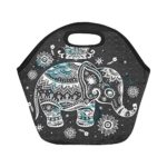 InterestPrint Vintage Cute Ethnic Elephant Reusable Insulated Neoprene Lunch Tote Bag Cooler 11.93″ x 11.22″ x 6.69″, Indian Lotus Animal Portable Lunchbox Handbag for Men Women Adult Kids
