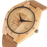 Unisex Bamboo Wood Quartz Watch Elephant Engraving Dial With Brown Genuine Leather Band Wooden Case Wristwatches Women Men