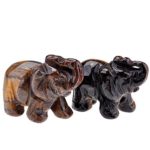 JOVIVI 2pc Natural Carved Gemstones Elephant Figurine 1.5” Room Decoration, with Gift Box (Tiger Eye)