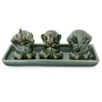 NOVICA Green Good Luck Celadon Ceramic Sculpture, 2.6″ Tall ‘Elephant Lessons’ (Set of 3)