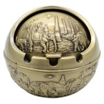 TOWOMO Vintage Wind-proof Ashtray with Lid, ride an Elephant Pattern Decorative Ash Tray Holder for Cigarettes (Antique Brass)