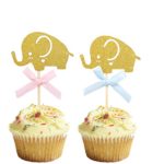 Awesome Surprise Gender Reveal Baby Shower Cupcake Toppers,Gold Glitter Elephant Themed Party Decorations,24 Packs