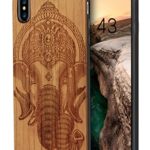 iPhone X Case Cute, Natural Wooden Carving Cool Elephant and Rubber Dual layer Slim Shockproof Slim Anti-Scratch Full Protective Cover Case for iPhone X