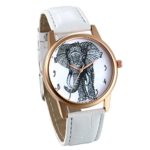 JewelryWe Fashion Womens Wrist Watch for Mothers Day Gift Big Elephant Print Dial Rose Gold Tone Case Leather Analog Dress Watch (White)