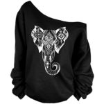 QZUnique Women’s Digital Print Long Sleeve Strapless Pullover Fleece Sweatshirt Elephant Black
