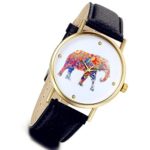 Lancardo Retro Female Elephant Printing Pattern Weaved Leather Quartz Dial Watch (Black)