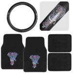 Psychedelic Elephant Embossed Carpet Floor Mats w/ Synthetic Leather Grip Steering Wheel Cover