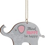 Think Happy Be Happy Floral Elephant Wood Car Charm