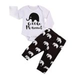 Newborn Baby Boy Girl 2Pcs Set Outfit Long Sleeve Peanuts Romper Bodysuit and Elephant Long Pants (0-3 Months, White+Brown)