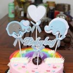 PureArte Cute Baby Shower Cake Topper For Baby Boy Party Favors Decoration Blue White Elephant and Heart with Bow