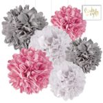 Andaz Press Hanging Tissue Paper Pom Poms Party Decor Trio Kit with Free Party Sign, White, Pink, Gray, 6-Pack, For Elephant Baby Shower Decorations